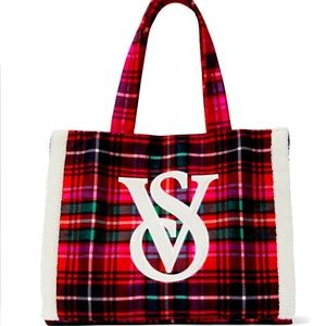 Victoria’s Secret Tartan Flannel Tote with Sherpa Trim NWT
